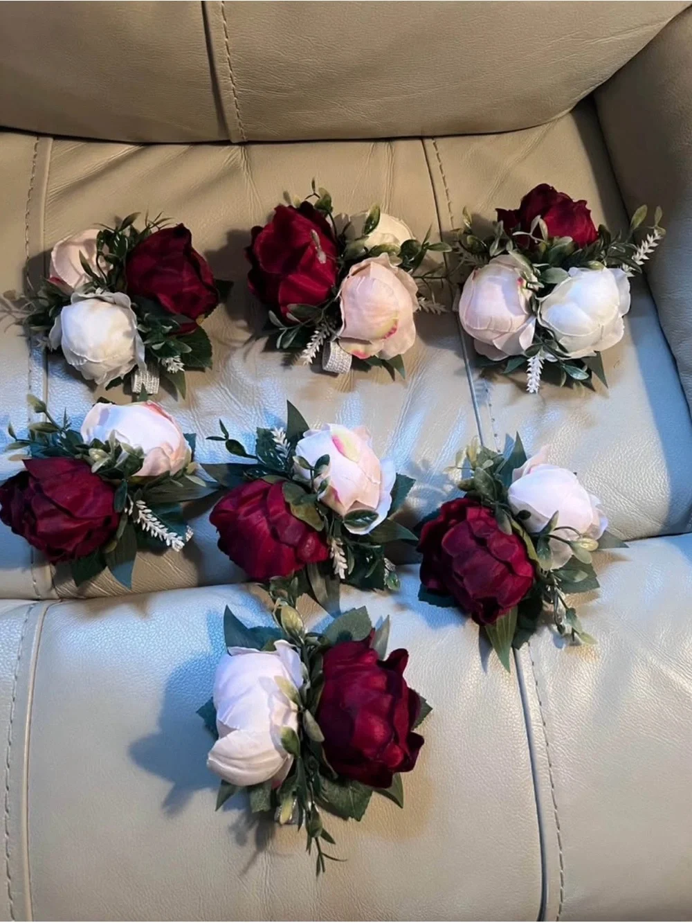 Wedding Wrist Corsages, Burgundy, Blush & Ivory Peonies - Set of 7